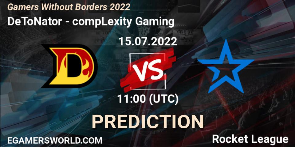 Prognose für das Spiel DeToNator VS compLexity Gaming. 15.07.2022 at 11:00. Rocket League - Gamers Without Borders 2022
