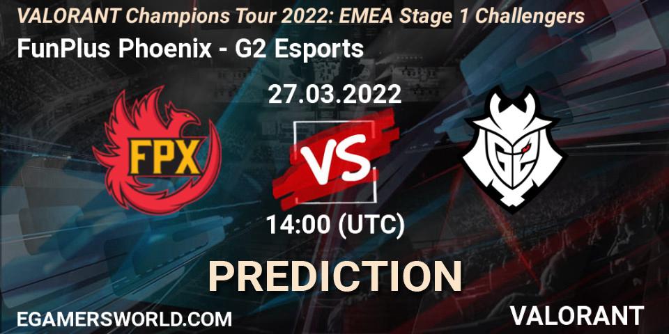 Prognose für das Spiel FunPlus Phoenix VS G2 Esports. 27.03.2022 at 14:00. VALORANT - VCT 2022: EMEA Stage 1 Challengers