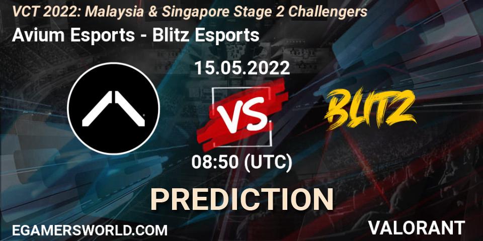 Prognose für das Spiel Avium Esports VS Blitz Esports. 15.05.2022 at 08:50. VALORANT - VCT 2022: Malaysia & Singapore Stage 2 Challengers