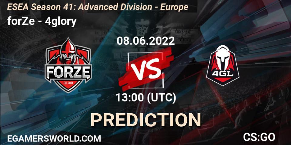 Prognose für das Spiel forZe VS 4glory. 08.06.2022 at 13:00. Counter-Strike (CS2) - ESEA Season 41: Advanced Division - Europe