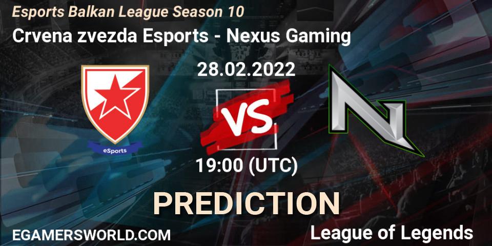 Prognose für das Spiel Crvena zvezda Esports VS Nexus Gaming. 28.02.2022 at 19:00. LoL - Esports Balkan League Season 10