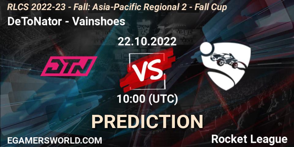 Prognose für das Spiel DeToNator VS Vainshoes. 22.10.2022 at 10:00. Rocket League - RLCS 2022-23 - Fall: Asia-Pacific Regional 2 - Fall Cup