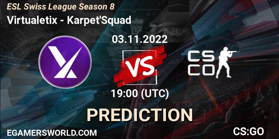 Prognose für das Spiel Virtualetix VS Karpet'Squad. 03.11.2022 at 19:00. Counter-Strike (CS2) - ESL Swiss League Season 8