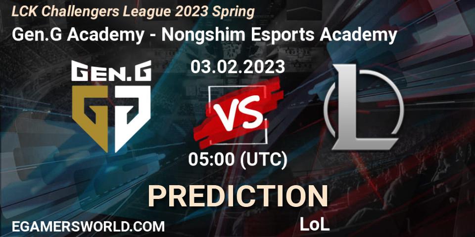 Prognose für das Spiel Gen.G Academy VS Nongshim Esports Academy. 03.02.2023 at 05:00. LoL - LCK Challengers League 2023 Spring