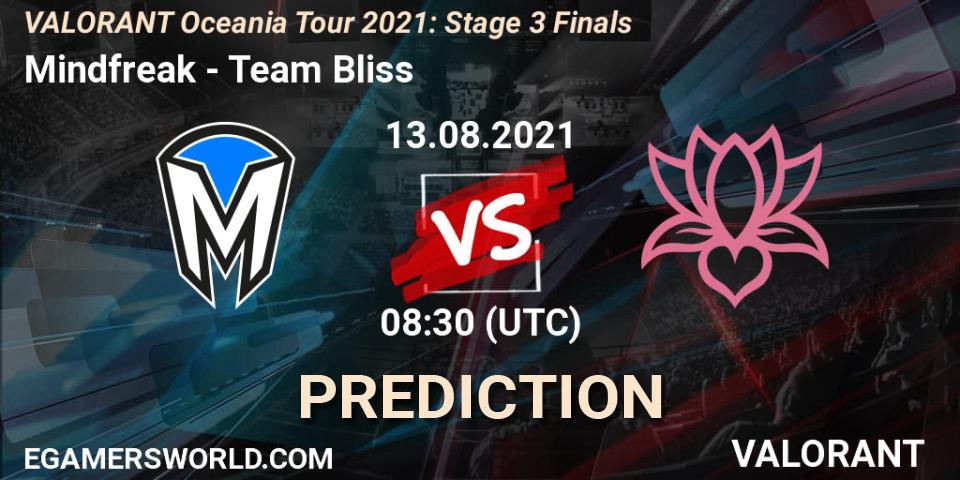 Prognose für das Spiel Mindfreak VS Team Bliss. 13.08.2021 at 08:30. VALORANT - VALORANT Oceania Tour 2021: Stage 3 Finals