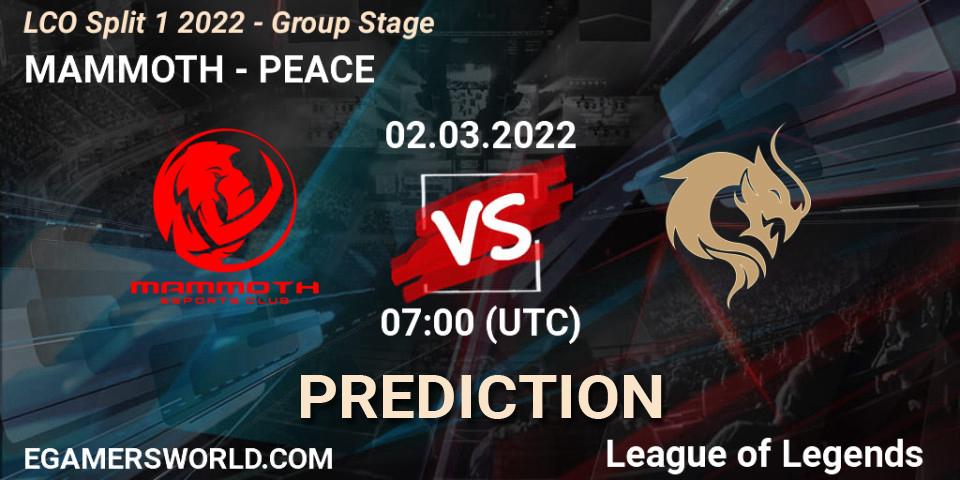 Prognose für das Spiel MAMMOTH VS PEACE. 02.03.2022 at 07:00. LoL - LCO Split 1 2022 - Group Stage 