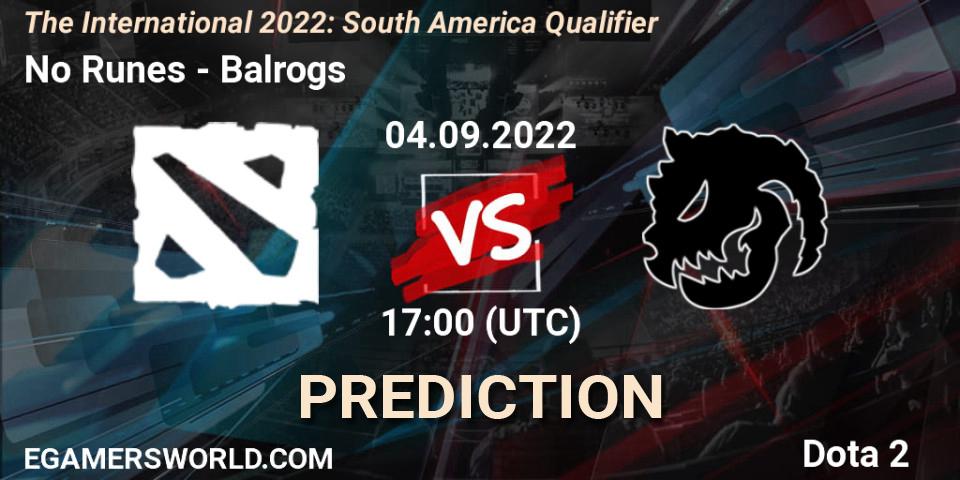 Prognose für das Spiel No Runes VS Balrogs. 04.09.2022 at 16:40. Dota 2 - The International 2022: South America Qualifier