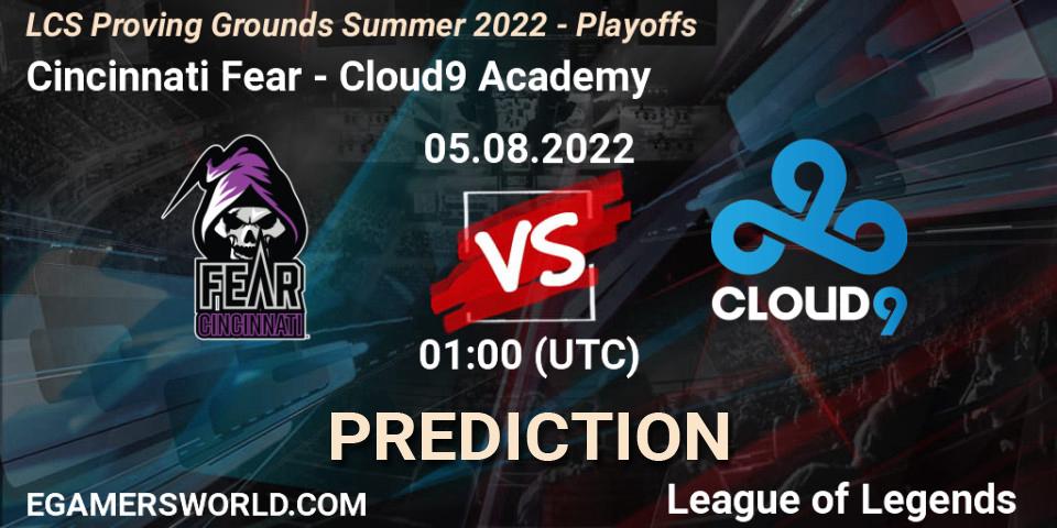 Prognose für das Spiel Cincinnati Fear VS Cloud9 Academy. 05.08.2022 at 00:00. LoL - LCS Proving Grounds Summer 2022 - Playoffs