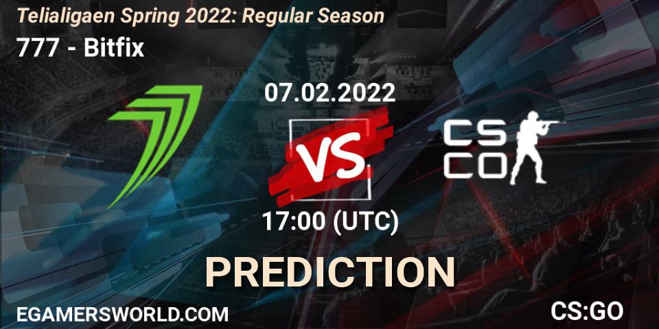 Prognose für das Spiel 777 VS Bitfix. 07.02.22. CS2 (CS:GO) - Telialigaen Spring 2022: Regular Season