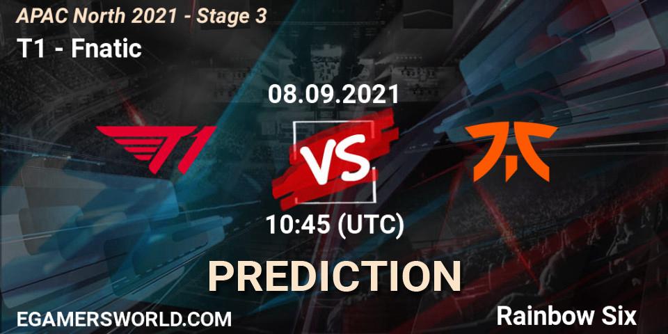 Prognose für das Spiel T1 VS Fnatic. 08.09.2021 at 10:45. Rainbow Six - APAC North 2021 - Stage 3