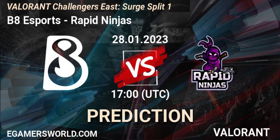 Prognose für das Spiel B8 Esports VS Rapid Ninjas. 28.01.23. VALORANT - VALORANT Challengers 2023 East: Surge Split 1