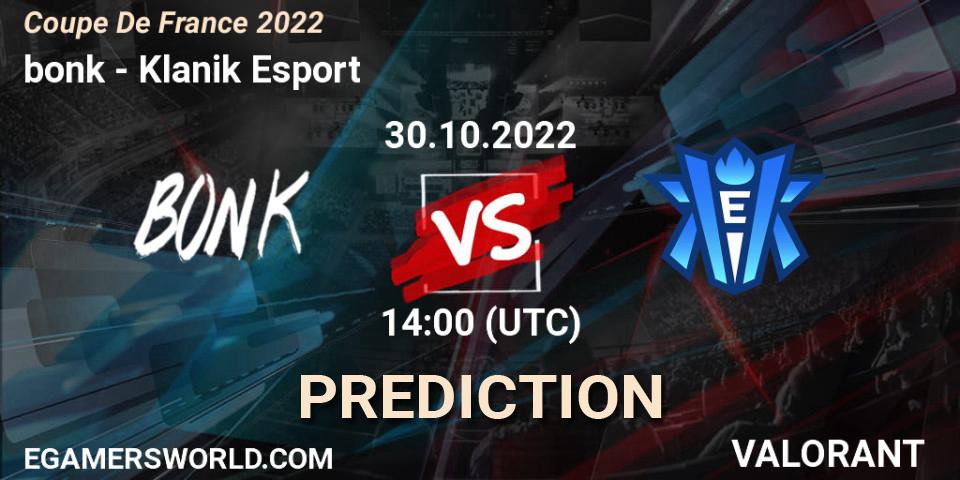 Prognose für das Spiel bonk VS Klanik Esport. 30.10.2022 at 15:00. VALORANT - Coupe De France 2022