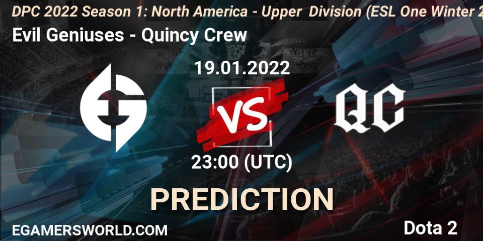 Prognose für das Spiel Evil Geniuses VS Quincy Crew. 19.01.2022 at 22:55. Dota 2 - DPC 2022 Season 1: North America - Upper Division (ESL One Winter 2021)