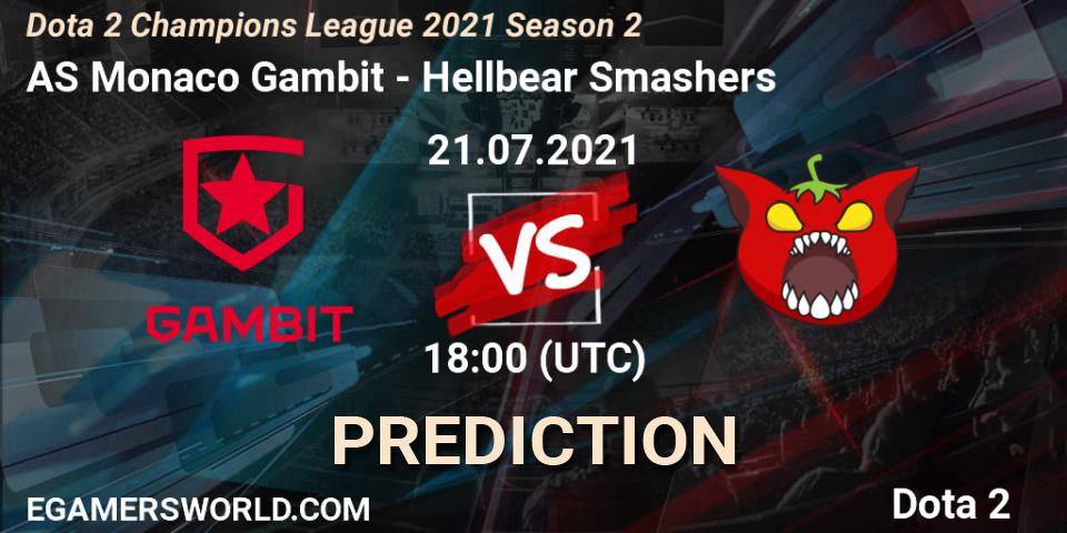 Prognose für das Spiel AS Monaco Gambit VS Hellbear Smashers. 21.07.2021 at 18:36. Dota 2 - Dota 2 Champions League 2021 Season 2