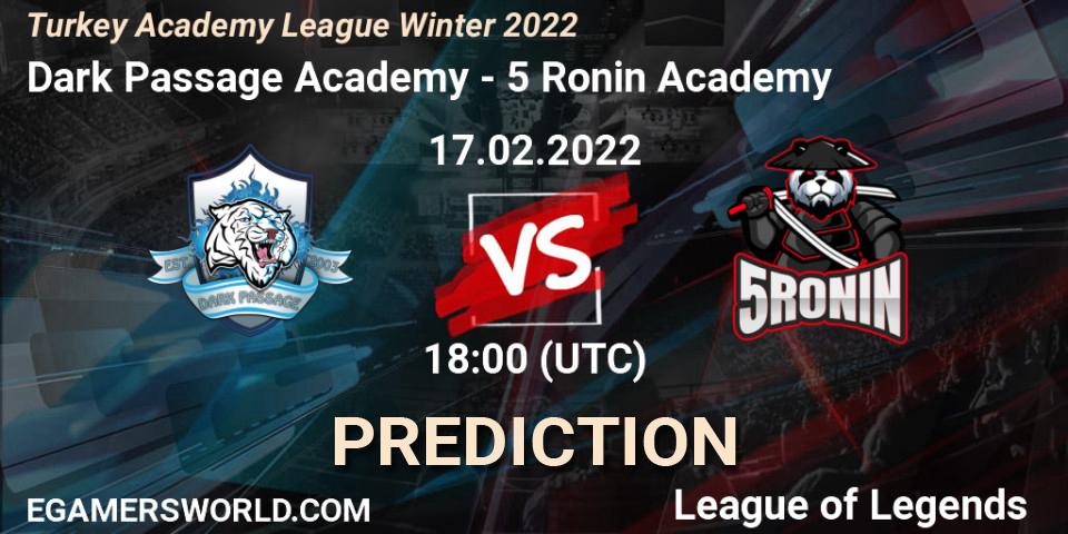 Prognose für das Spiel Dark Passage Academy VS 5 Ronin Academy. 17.02.2022 at 18:00. LoL - Turkey Academy League Winter 2022