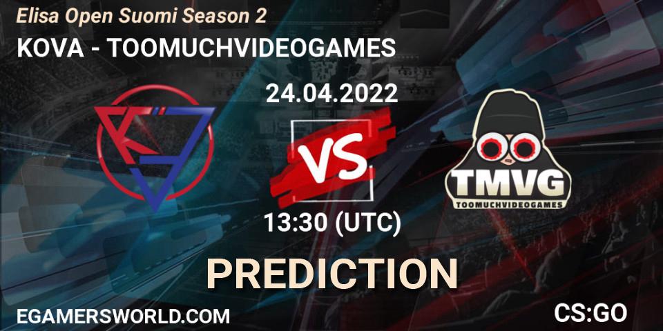 Prognose für das Spiel KOVA VS TOOMUCHVIDEOGAMES. 24.04.2022 at 13:30. Counter-Strike (CS2) - Elisa Open Suomi Season 2