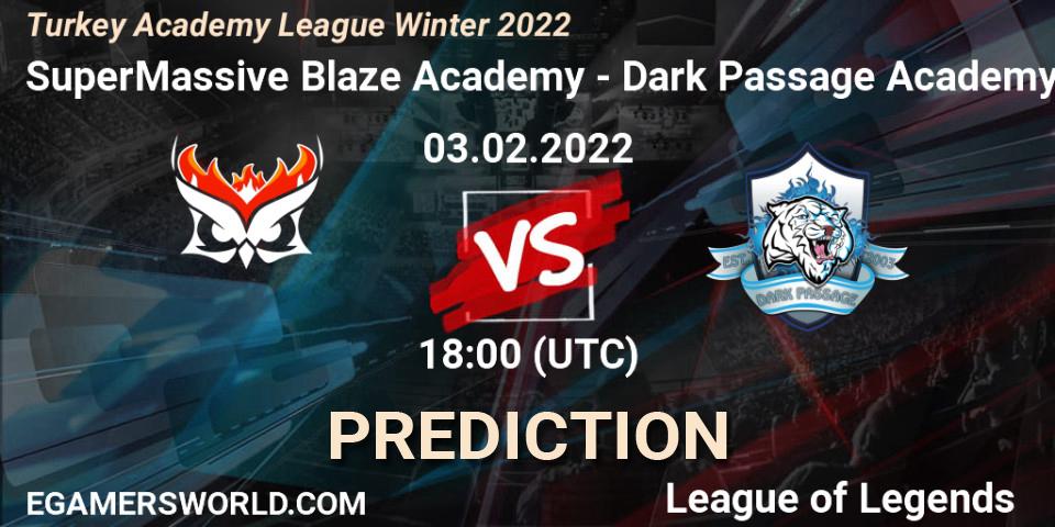 Prognose für das Spiel SuperMassive Blaze Academy VS Dark Passage Academy. 03.02.2022 at 18:00. LoL - Turkey Academy League Winter 2022