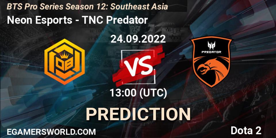 Prognose für das Spiel Neon Esports VS TNC Predator. 24.09.2022 at 13:20. Dota 2 - BTS Pro Series Season 12: Southeast Asia