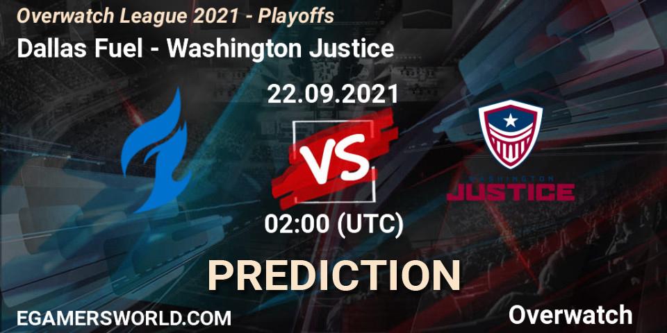 Prognose für das Spiel Dallas Fuel VS Washington Justice. 21.09.2021 at 23:00. Overwatch - Overwatch League 2021 - Playoffs