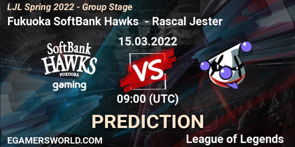 Prognose für das Spiel Fukuoka SoftBank Hawks VS Rascal Jester. 15.03.2022 at 09:00. LoL - LJL Spring 2022 - Group Stage
