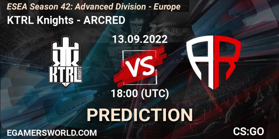 Prognose für das Spiel KTRL Knights VS ARCRED. 13.09.2022 at 18:00. Counter-Strike (CS2) - ESEA Season 42: Advanced Division - Europe