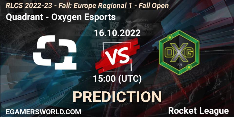 Prognose für das Spiel Quadrant VS Oxygen Esports. 16.10.2022 at 15:00. Rocket League - RLCS 2022-23 - Fall: Europe Regional 1 - Fall Open