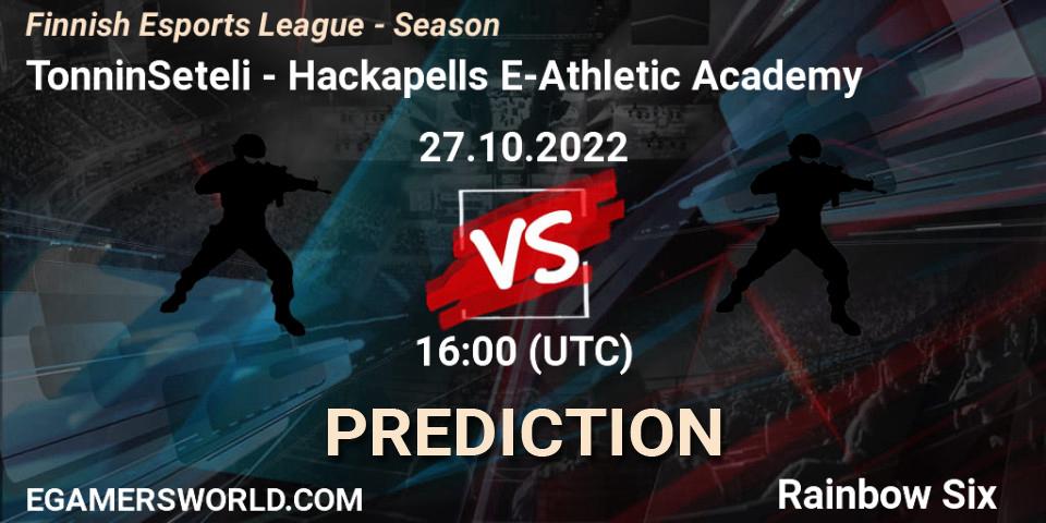 Prognose für das Spiel TonninSeteli VS Hackapells E-Athletic Academy. 27.10.2022 at 16:00. Rainbow Six - Finnish Esports League - Season 