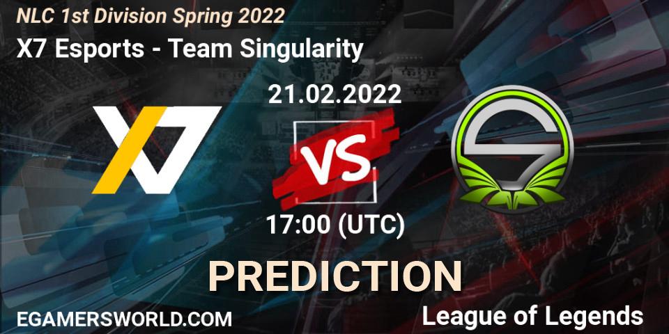 Prognose für das Spiel X7 Esports VS Team Singularity. 21.02.2022 at 20:00. LoL - NLC 1st Division Spring 2022