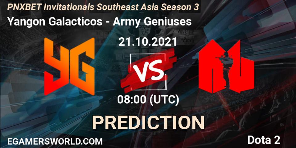 Prognose für das Spiel Yangon Galacticos VS Army Geniuses. 21.10.2021 at 08:25. Dota 2 - PNXBET Invitationals Southeast Asia Season 3