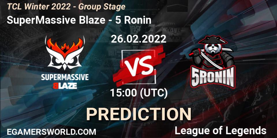 Prognose für das Spiel SuperMassive Blaze VS 5 Ronin. 26.02.2022 at 15:00. LoL - TCL Winter 2022 - Group Stage