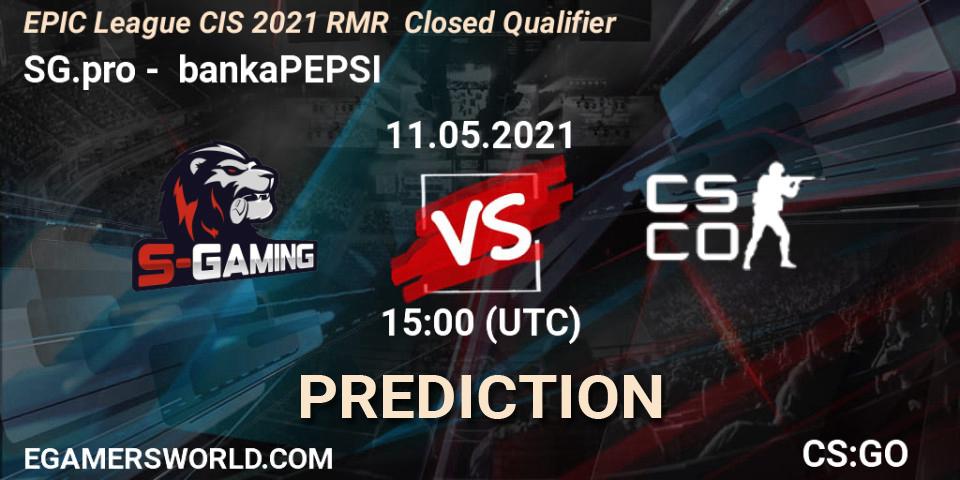 Prognose für das Spiel SG.pro VS bankaPEPSI. 11.05.2021 at 14:00. Counter-Strike (CS2) - EPIC League CIS 2021 RMR Closed Qualifier