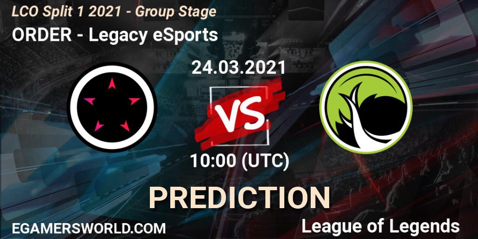 Prognose für das Spiel ORDER VS Legacy eSports. 24.03.2021 at 10:00. LoL - LCO Split 1 2021 - Group Stage