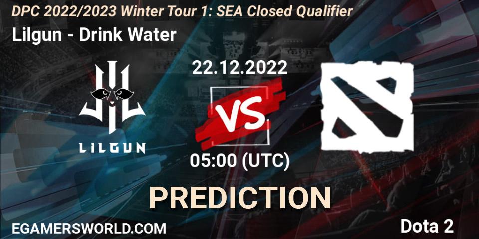 Prognose für das Spiel Lilgun VS Drink Water. 22.12.2022 at 05:01. Dota 2 - DPC 2022/2023 Winter Tour 1: SEA Closed Qualifier