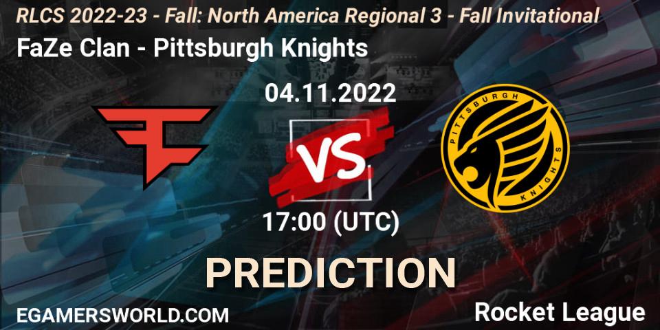 Prognose für das Spiel FaZe Clan VS Pittsburgh Knights. 04.11.2022 at 17:00. Rocket League - RLCS 2022-23 - Fall: North America Regional 3 - Fall Invitational