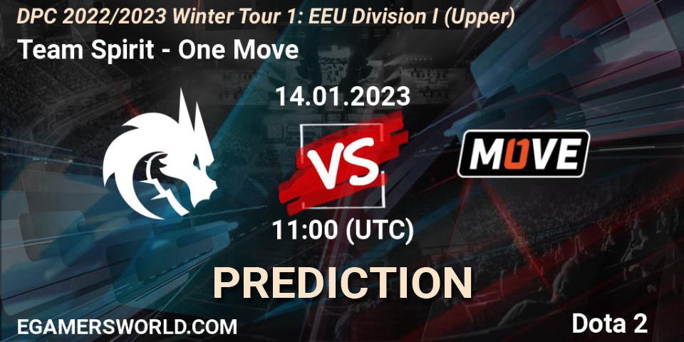 Prognose für das Spiel Team Spirit VS One Move. 14.01.2023 at 11:00. Dota 2 - DPC 2022/2023 Winter Tour 1: EEU Division I (Upper)