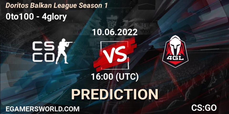 Prognose für das Spiel 0to100 VS 4glory. 10.06.2022 at 16:10. Counter-Strike (CS2) - Doritos Balkan League Season 1