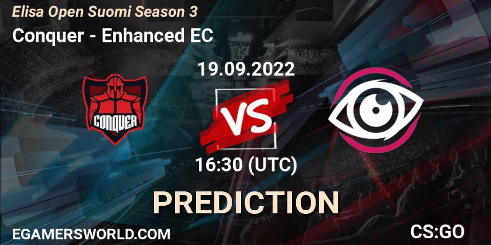 Prognose für das Spiel Conquer VS Enhanced EC. 19.09.2022 at 16:30. Counter-Strike (CS2) - Elisa Open Suomi Season 3