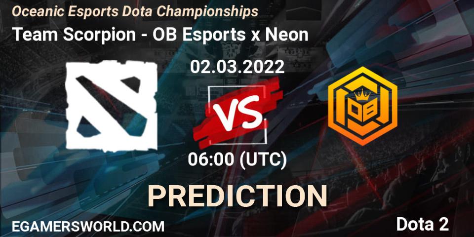 Prognose für das Spiel Team Scorpion VS OB Esports x Neon. 01.03.2022 at 06:04. Dota 2 - Oceanic Esports Dota Championships