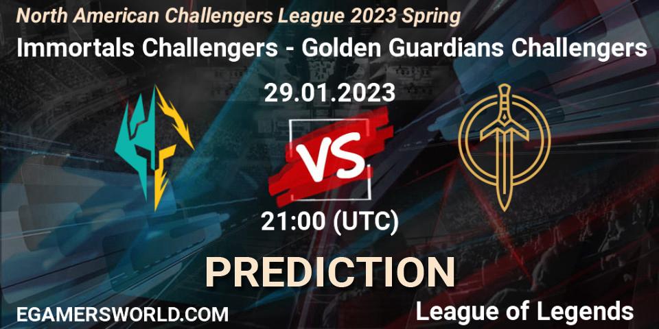 Prognose für das Spiel Immortals Challengers VS Golden Guardians Challengers. 29.01.23. LoL - NACL 2023 Spring - Group Stage