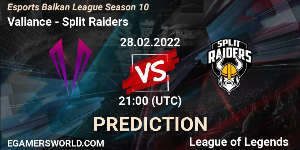 Prognose für das Spiel Valiance VS Split Raiders. 28.02.2022 at 21:15. LoL - Esports Balkan League Season 10