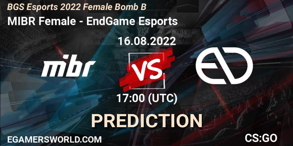 Prognose für das Spiel MIBR Female VS EndGame Esports. 16.08.2022 at 17:00. Counter-Strike (CS2) - Monster Energy BGS Bomb B Women Cup 2022