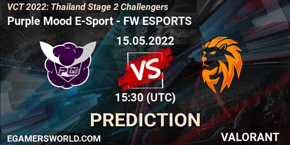 Prognose für das Spiel Purple Mood E-Sport VS FW ESPORTS. 15.05.2022 at 12:30. VALORANT - VCT 2022: Thailand Stage 2 Challengers