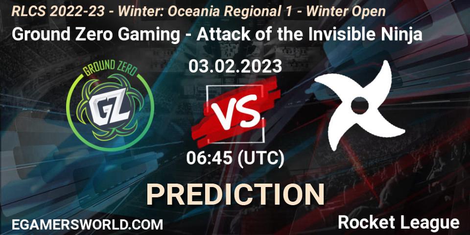 Prognose für das Spiel Ground Zero Gaming VS Attack of the Invisible Ninja. 03.02.2023 at 06:45. Rocket League - RLCS 2022-23 - Winter: Oceania Regional 1 - Winter Open