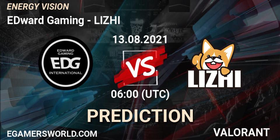 Prognose für das Spiel EDward Gaming VS LIZHI. 13.08.2021 at 06:00. VALORANT - ENERGY VISION
