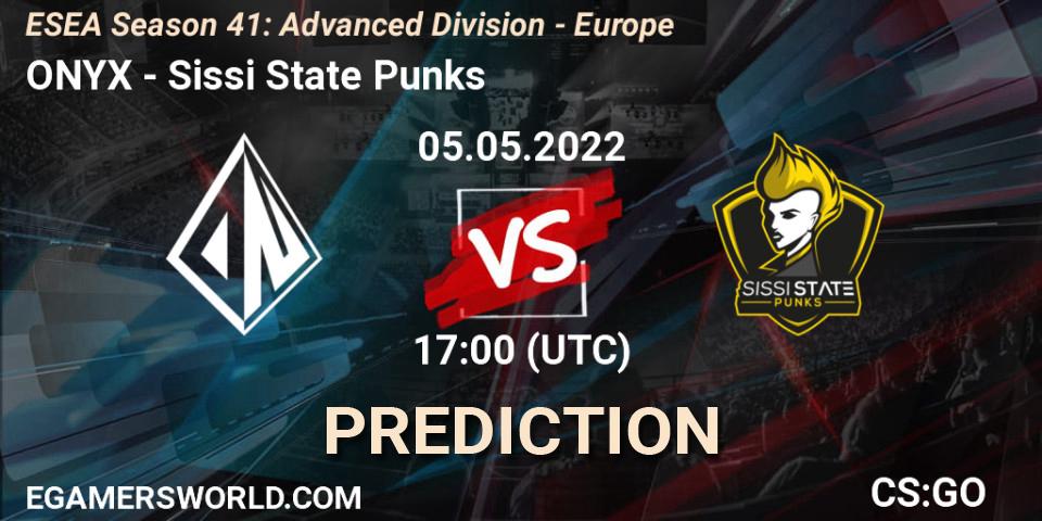 Prognose für das Spiel ONYX VS Sissi State Punks. 05.05.2022 at 17:00. Counter-Strike (CS2) - ESEA Season 41: Advanced Division - Europe