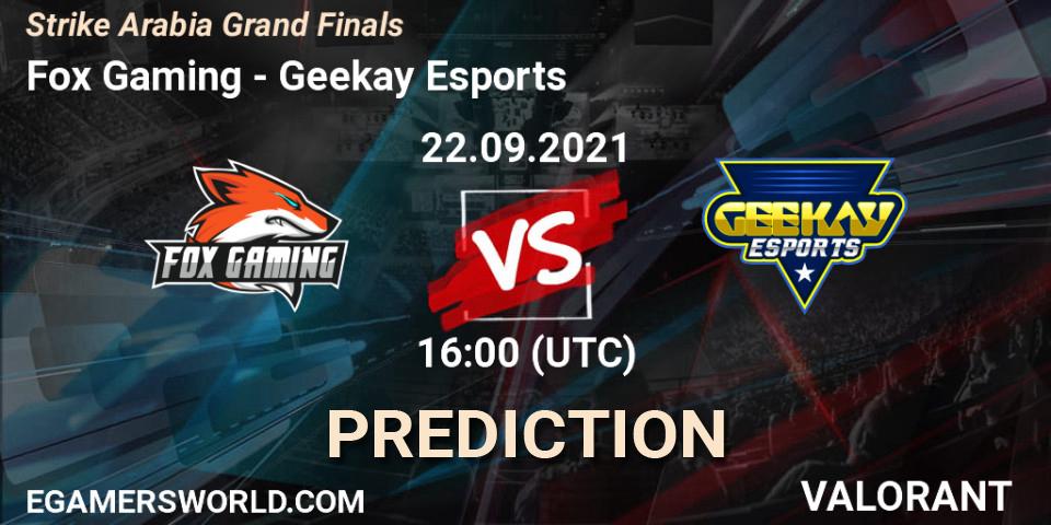 Prognose für das Spiel Fox Gaming VS Geekay Esports. 22.09.2021 at 10:00. VALORANT - Strike Arabia Grand Finals