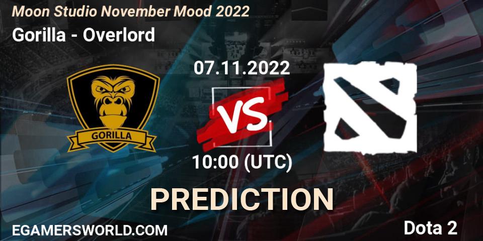 Prognose für das Spiel Gorilla VS Overlord. 07.11.2022 at 09:56. Dota 2 - Moon Studio November Mood 2022