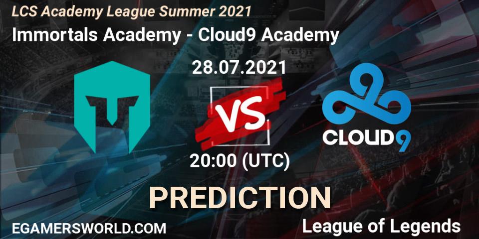 Prognose für das Spiel Immortals Academy VS Cloud9 Academy. 28.07.2021 at 20:00. LoL - LCS Academy League Summer 2021