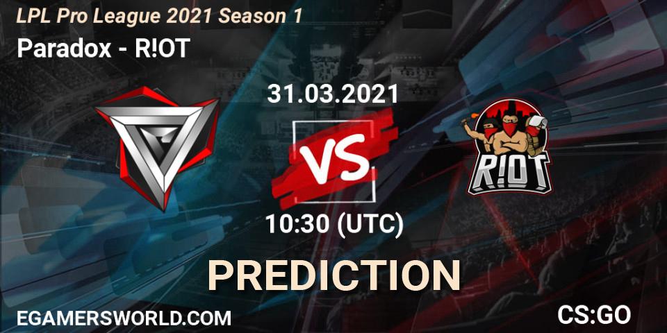 Prognose für das Spiel Paradox VS R!OT. 31.03.2021 at 11:45. Counter-Strike (CS2) - LPL Pro League 2021 Season 1