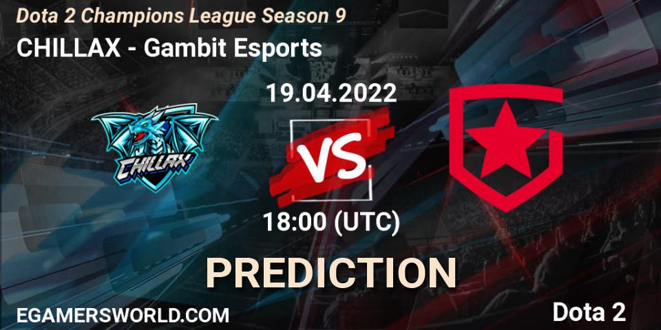 Prognose für das Spiel CHILLAX VS Gambit Esports. 19.04.2022 at 18:10. Dota 2 - Dota 2 Champions League Season 9